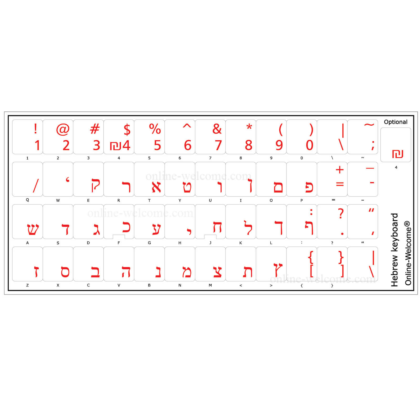 HEBREW KEYBOARD STICKERS TRANSPARENT RED LETTERS