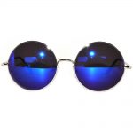 Sunglasses 56mm Women's Metal Round Circle Silver Frame Mirror Blue Lens