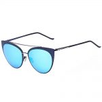 Sunglasses Womens Metal Cat Eye Black/Silver Frame Blue Mirror Lens