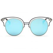 Women Metal Sunglasses Round Fashion Silver Frame Blue Mirror Lens