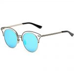 Women Metal Sunglasses Round Fashion Silver Frame Blue Mirror Lens