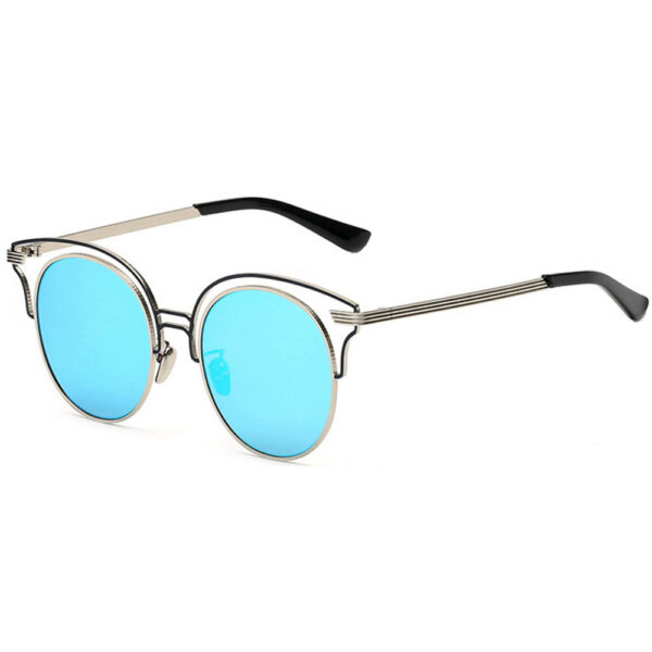 Women Metal Sunglasses Round Fashion Silver Frame Blue Mirror Lens