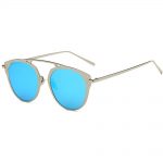 Sunglasses 86046 C6 Women's Metal Round Fashion Silver Frame Blue Mirror Lens