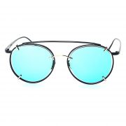 OWL ® 009 C4 Round Eyewear Sunglasses Women's Men's Metal Round Circle Black Frame Blue Mirror Lens One Pair