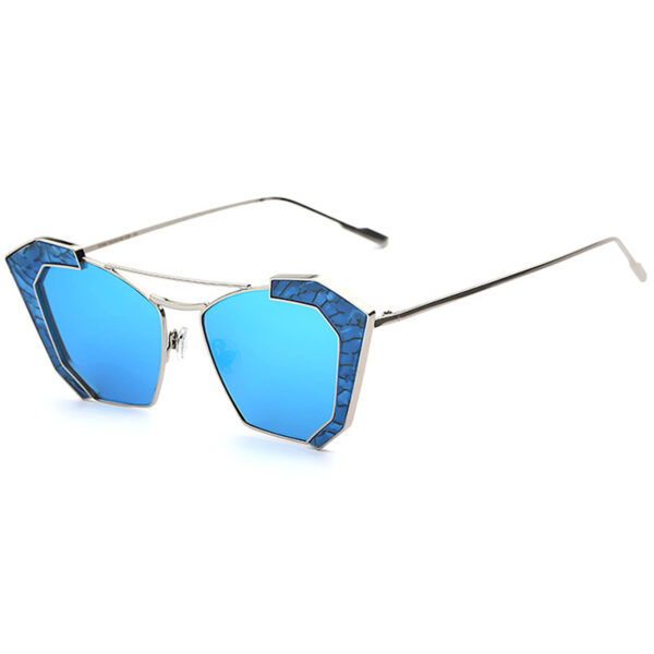 OWL ® 016 C7 Cat Rectangle Eyewear Sunglasses Women's Men's Metal Silver Frame Blue Lens One Pair