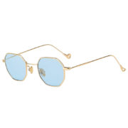 Octagon shape sunglasses, gold frame, blue lens