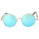 060 Steampunk C2 Gothic Sunglasses Metal Round Circle Gold Frame Blue Ice Mirror Lens One Pair