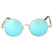 060 Steampunk C2 Gothic Sunglasses Metal Round Circle Gold Frame Blue Ice Mirror Lens One Pair