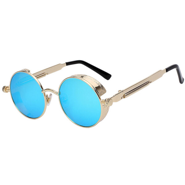 060 Steampunk C2 Gothic Sunglasses Metal Round Circle Gold Frame Blue Ice Mirror Lens One Pair