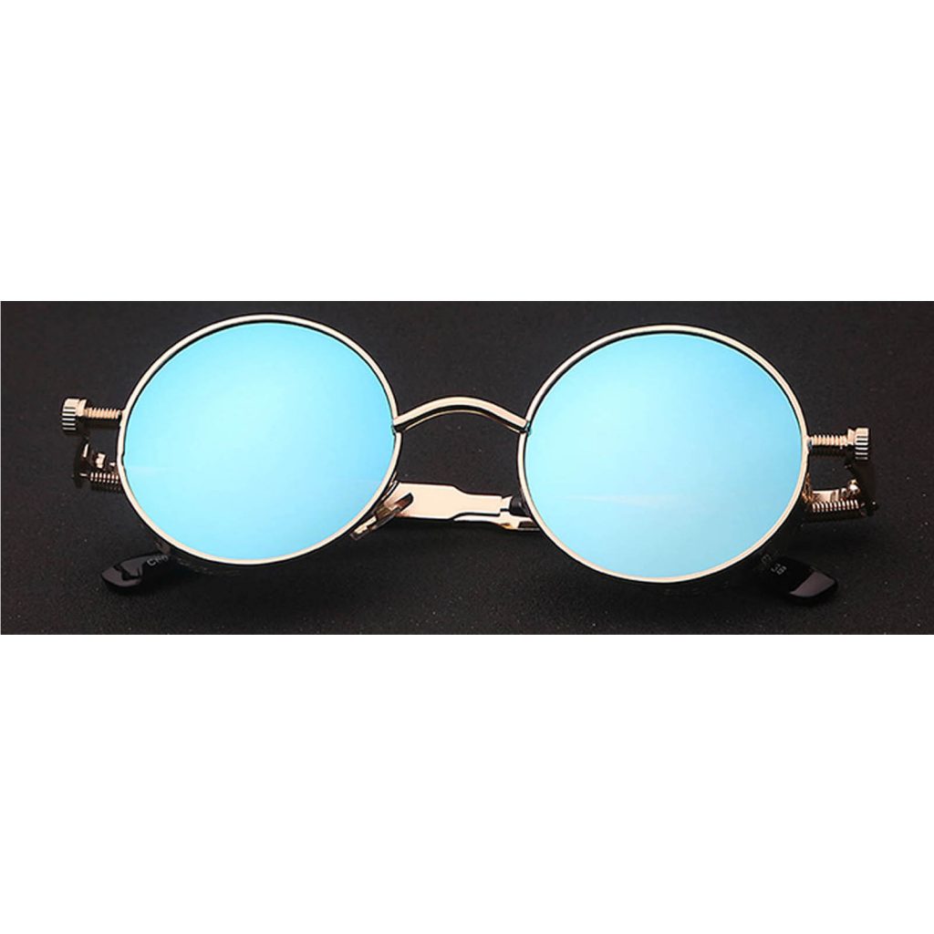 060 C2 Steampunk Gothic Sunglasses Metal Round Circle Gold Frame Blue Ice Mirror Lens One Pair