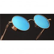 060 Steampunk C2 Gothic Sunglasses Metal Round Circle Gold Frame Blue Ice Mirror Lens One Pair