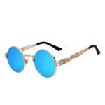 round steampunk sunglasses gold metal frame blue mirror lens