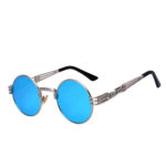 round steampunk sunglasses silver metal frame blue mirror lens