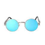 round steampunk sunglasses silver metal frame blue mirror lens