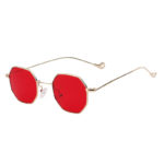 Octagon shape sunglasses, gold frame, red lens
