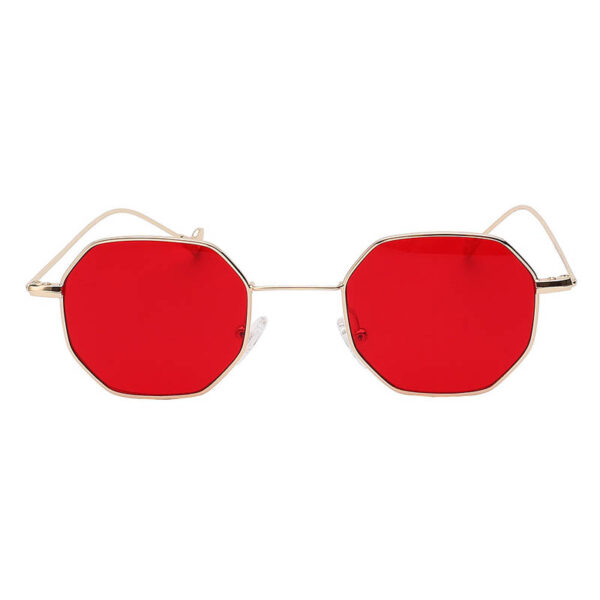 Octagon shape sunglasses, gold frame, red lens