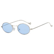 Retro Vintage Oval Small Silver Metal Frame Sunglasses Blue Lens Shades