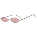 Oval Ultra Thin Small Slim Skinny Narrow Silver Metal Glasses Pink Lens Shades