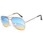 Aviator Style Sunglasses Two Tone Shades Blue Yellow Lens Gold Metal Frame