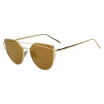 Gold Large Cat Eye Metal Twin Beam Frame Sunglasses Flat Mirror Brown Lens Cateye street fashion sunglasses brown mirrored