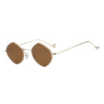 Women Polygon Shape Vintage Brown Lens Sunglasses Gold Metal Frame
