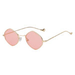 Women Polygon Shape Vintage Pink Lens Sunglasses Gold Metal Frame