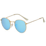 Stylish Small Oval Gold Metal Frame Sunglasses Blue Mirror Lens Shades